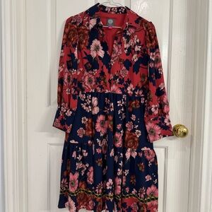 Vince Camuto Floral Collared Dress - Red and Navy